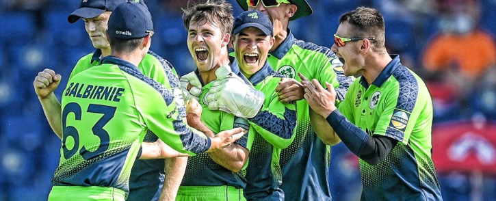 Ireland seam bowler Curtis Campher celebrates with his teammates after taking four wickets in four balls in a Twenty20 International against the Netherlands on 18 October 2021. Picture: @ICC/Twitter.