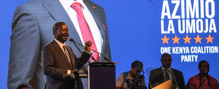 Candidate Raila Odinga speaks on stage at the launch of the party manifesto in Nairobi ahead of this year's August elections, on 6 June 2022. Picture: Simon MAINA/AFP