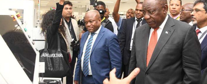 President Cyril Ramaphosa on 17 October 2019 toured the Mara Group Cellphone Plant launch at Durban Dube Trade Port. Picture: @GCISMedia/Twitter 
