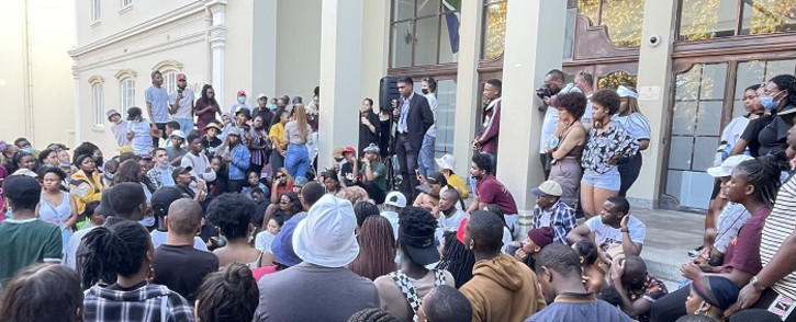 Stellenbosch University students demonstrating outside the campus’ Admin B building on 16 May 2022. This followed an incident the day before where a white student urinated on a black students belongings. Picture: Kevin Brandt/Eyewitness News.