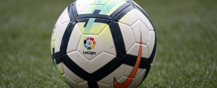 FILE: La Liga logo is seen on the ball of the Spanish league football match between Club Atletico de Madrid and Levante UD at the Wanda Metropolitano stadium in Madrid on 15 April 2018. Picture: AFP
