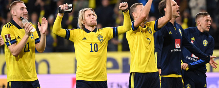 Sweden players celebrate their win over Spain in their 2022 World Cup qualifier on 2 September 2021. Picture: @EURO2020/Twitter
