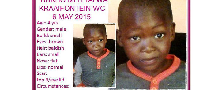 Four-year-old Bukho Mlityalwa went missing on 6 May 2015 at a playground in Wallacedene. Picture: Pinkladies.org.za