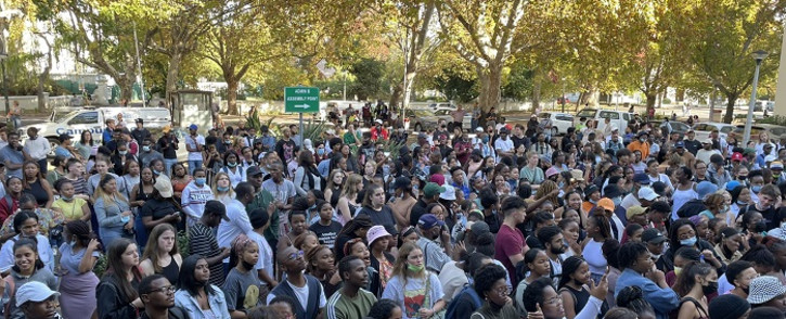 Stellenbosch University students outside the Admin B Building, they earlier gave the university until Thursday to return with a message that the perpetrator has been expelled. Picture: Kevin Brandt/Eyewitness News.