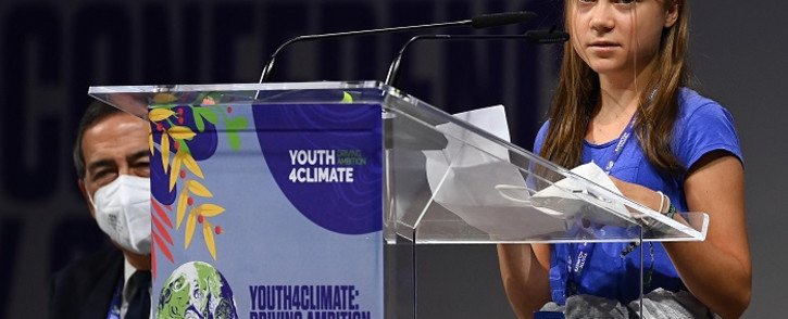 Swedish climate activist Greta Thunberg delivers a speech during the opening plenary session of the Youth4Climate event on 28 September 2021 in Milan. Picture: Miguel Medina/AFP