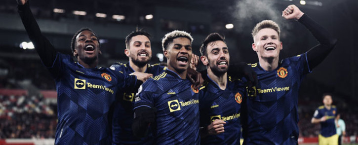 Manchester United players celebrate a goal against Brentford in their English Premier league match on 19 January 2022. Picture: @ManUtd/Twitter