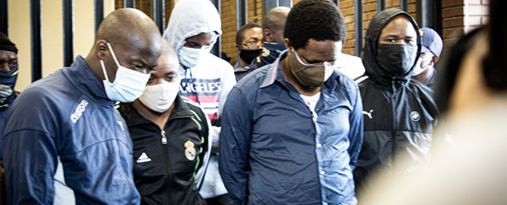 FILE: Five suspects - Khulela Themba Sibiya, Bongani Sandiso Ntanzi, Mthobisi Chris Mncube, Mthokoziseni Zifozonke Mapisa and Sifiso Ntuli - appeared at the Boksburg Magistrates Court on 27 October 2020. They are charged with the 2014 murder of Bafana Bafana and Orlando Pirates captain Senzo Meyiwa. The suspects refused to stand in the dock, saying they were innocent and would not answer for a crime they did not commit. Picture: Xanderleigh Dookey Makhaza/Eyewitness News