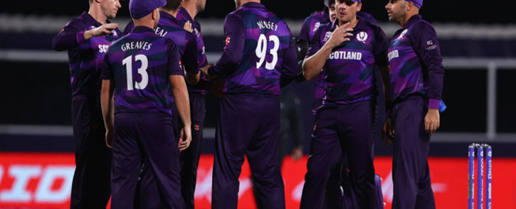 Scotland players celebrate the fall of a wicket in their T20 World Cup match against Bangladesh on 17 October 2021. Picture: @T20WorldCup/Twitter