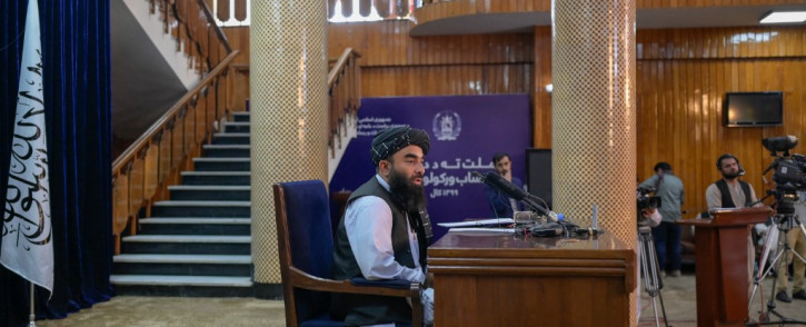 Zabihullah Mujahid, Chief spokesperso for the Taliban, speaks during a press conference with the members of the media in Kabul on September 21, 2021.
