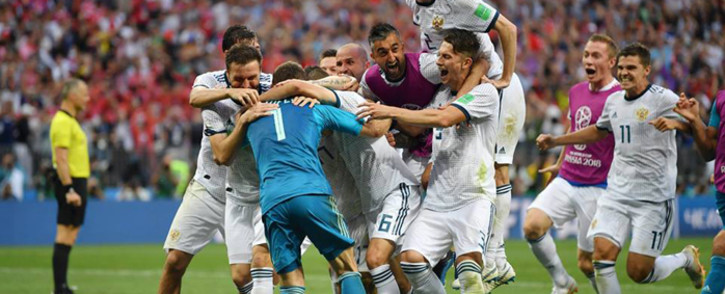 Russia players celebrate winning the penalty shootout. Picture: Facebook.com.