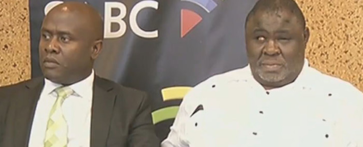A screengrab of SABC acting CEO James Aguma and SABC board chairperson Mbulaheni Maguvhe at a press briefing.