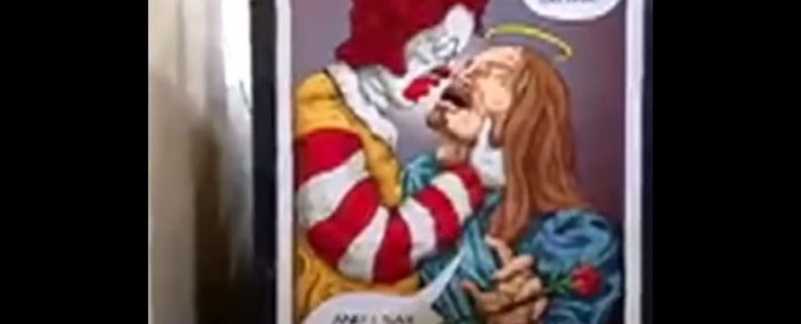 A screengrab of the artwork which displays Jesus with a clown. Picture: SABC Digital News/youtube.com
