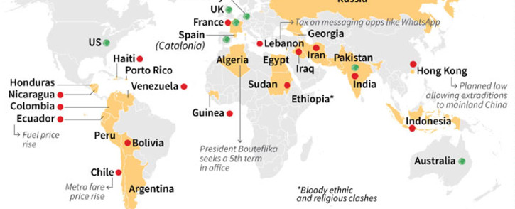 World map showing the main types of protests in 2019. Picture: AFP