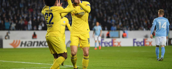 Chelsea's Willian and Olivier Giroud celebrate a goal in their UEFA Europa League match against Malmo on 14 February 2019. Picture: @ChelseaFC/Twitter