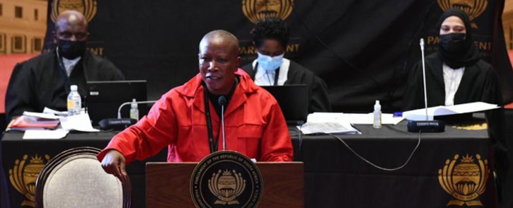 EFF leader Julius Malema makes a point during the State of the Nation Address debate in Parliament on 14 February 2022. Picture: @ParliamentofRSA/Twitter