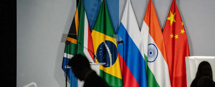 The flags of the BRICS members on stage at the BRICS Summit being held at the Sandton Convention Centre in Johannesburg on 22 August 2023. Picture: Jacques Nelles/Eyewitness News