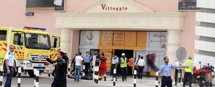 Security clear the entrance to Villagio mall in Doha, Qatar after a fire. Picture: AFP
