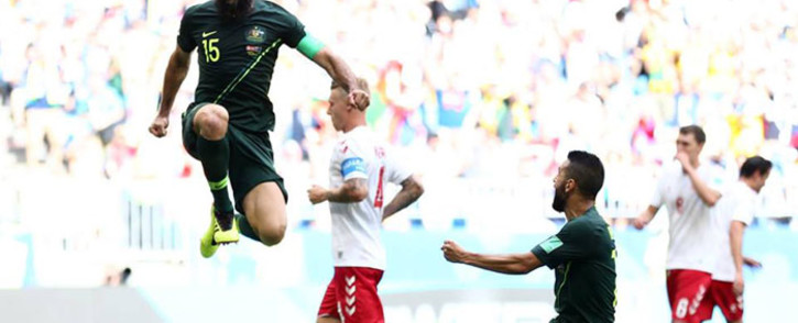 Australia’s Mile Jedinak celebrating scoring a goal against Denmark during their World Cup match. Picture: Facebook.com.