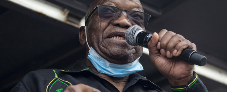 Former South African president Jacob Zuma addresses his supporters in front of his rural home in Nkandla on 4 July 2021 for the first time since he was given a 15-month sentence for contempt of court. Picture: Emmanuel Croset / AFP