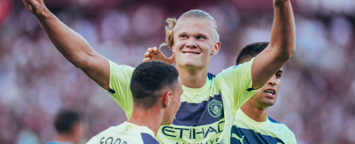 Manchester City's Erling Haaland (centre) celebrates a goal during the English Premier League match against West Ham United on 7 August 2022. Picture: @ManCity/Twitter