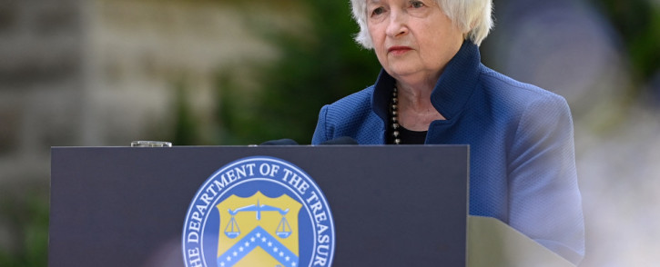US Treasury Secretary Janet Yellen speaks to journalists on the sidelines of a meeting of finance ministers and central bankers from the Group of Seven industrialised nations (G7) on May 18, 2022 in Koenigswinter near Bonn, western Germany. Picture: Ina Fassbender / AFP.