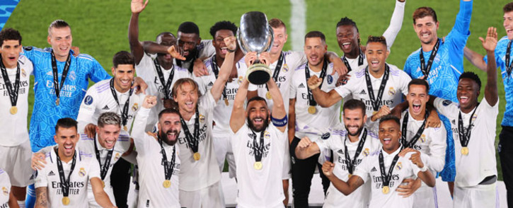 Real Madrid celebrate their Uefa Super Cup victory over Eintracht Frankfurt on 10 August 2022. Picture: @ChampionsLeague/Twitter