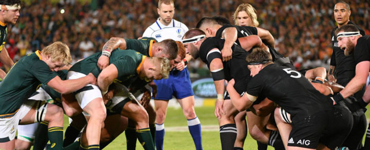 The Springbpks and the All Blacks get ready to scrum down in their Rugby Championship match at the Loftus Versfeld Stadium in Pretoria on 6 October 2018. Picture: @Springboks/Twitter