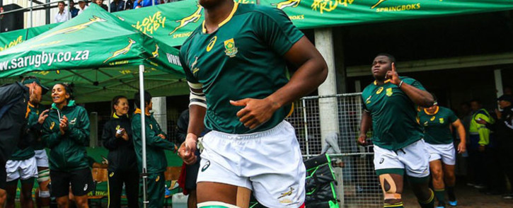 Flanker Phendulani Buthelezi leads out the Junior Springboks ahead of a match. Picture: @JuniorBoks/Twitter