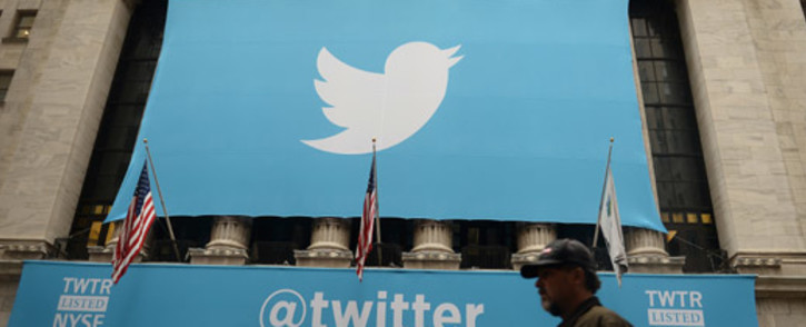 FILE: A banner with the logo of Twitter is set on the front of the New York Stock Exchange on 7 November, 2013 in New York. Picture: AFP
