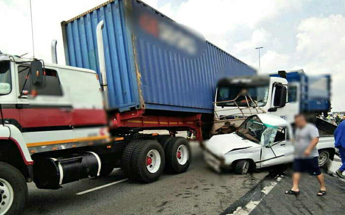It’s understood the truck crashed after its brakes failed on Saturday afternoon on the N1 North around 14th Avenue, causing a multi-vehicle pile-up. Picture: @Netcare911_sa.