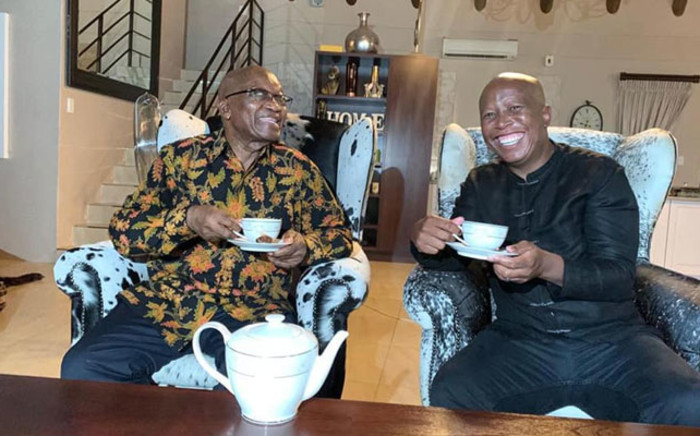 EFF leader Julius Malema and former President Jacob Zuma sipping tea at his Nkandla homestead on 5 February 2021. Picture: Facebook/EFF