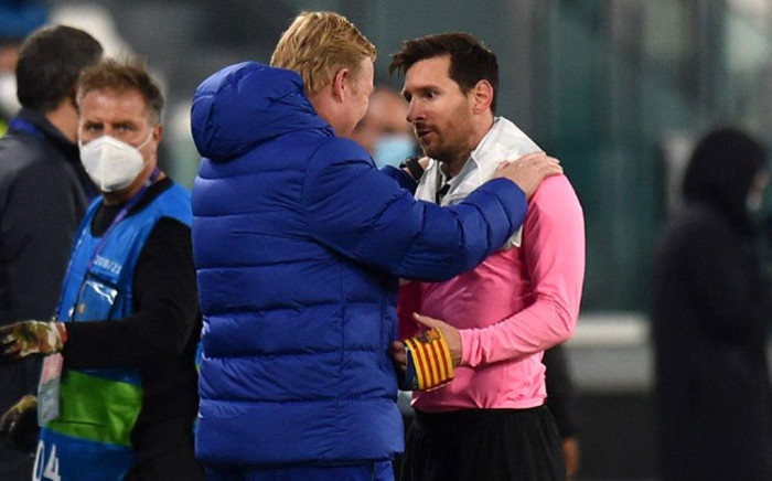 Barcelona manager Ronald Koeman (left) and club captain Lionel Messi share a word following the side's victory over Juventus in their Uefa Champions League match on 28 October 2020. Picture: AFP