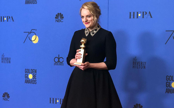 Elisabeth Moss won the award for best performance by an actress in a series for her role in the Handmaid’s Tale at the Golden Globes on Sunday 7 January 2018. Picture: Twitter/@goldenglobes