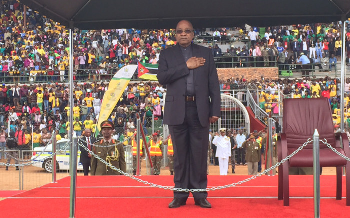President Jacob Zuma during the singing of the national anthem, he will be delivering a keynote address at the Giyani Stadium to mark Freedom Day. Picture: Vumani Mkhize/EWN. 