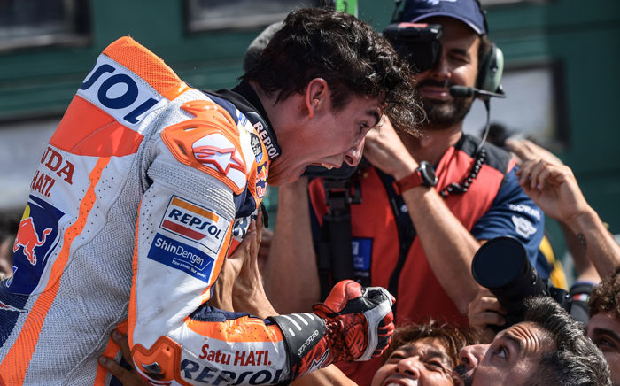 Repsol Honda Team rider Marc Marquez celebrates after winning the San Marino MotoGP race at the Misano World Circuit Marco Simoncelli on 15 September 2019. Picture: AFP