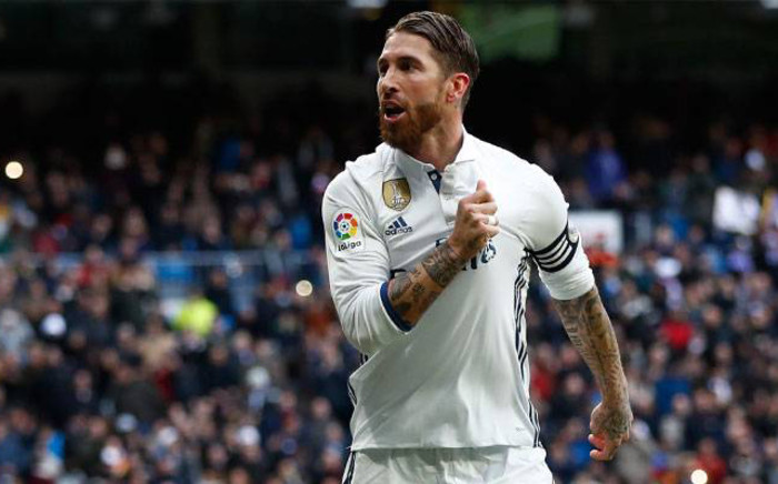 Real Madrid’s Sergio Ramos celebrates after scoring a goal against Malaga. Picture: Twitter/@realmadrid