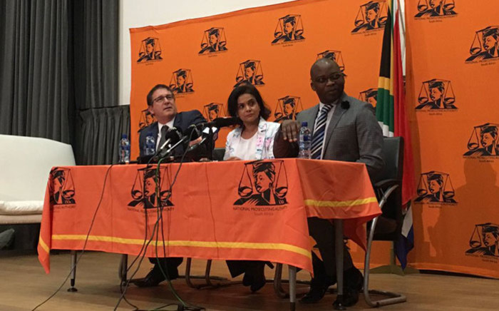 Shamila Batohi (centre) is introduced as the new National Director of Public Prosecutions on 1 February 2019 by Justice Minister Michael Masutha (right) and deputy Justice Minister John Jeffery (left). Picture: Kgomotso Modise/EWN