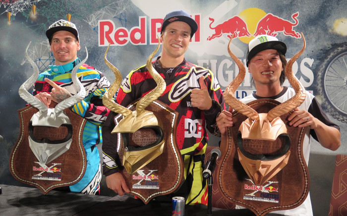 Winner of X-Fighters Freestyle World Tour in Pretoria, South Africa is Clinton Moore from Australia (centre), alongside Clinton Moore from Australia in second place (left) and Taka Higashino from Japan in third place. Picture: Louise McAuliffe/EWN