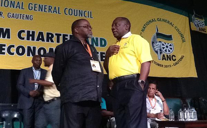 ANC's Secretary General, Gwede Mantashe and deputy president, Cyril Ramaphosa, have a moment at the party's National General Council in Midrand on 9 October 2015. Picture: Govan Whittles/EWN.
