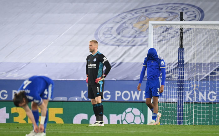 Leicester City goalkeeper Kasper Schmeichel (C) reacts after Newcastle scored their third goal during the English Premier League football match between Leicester City and Newcastle United at King Power Stadium in Leicester, central England on 7 May 2021. Picture: Michael Regan/AFP