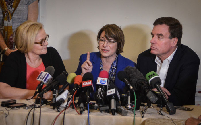 US senators (L-R) Claire McCaskill from Missouri, Amy Klobuchar from Minnesota and Mark R. Warner from Virginia, give a press conference at the National Hotel of Havana, on 17 February 2015. Picture: AFP