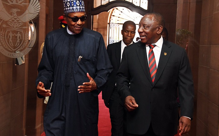 Nigerian President Muhammadu Buhari (L) and President Cyril Ramaphosa at the Union Buildings in Tshwane on 3 October 2019. Picture: @PresidencyZA/Twitter