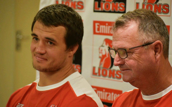 Lions’ Franco Mostert and coach Swys de Bruyn. Picture: Twitter/@LionsRugbyCo.