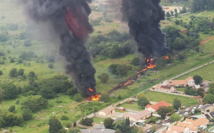 An aerial view of the fuel jet pipeline fire in Alberton on 31 December 2019. Picture: @Abramjee/Twitter