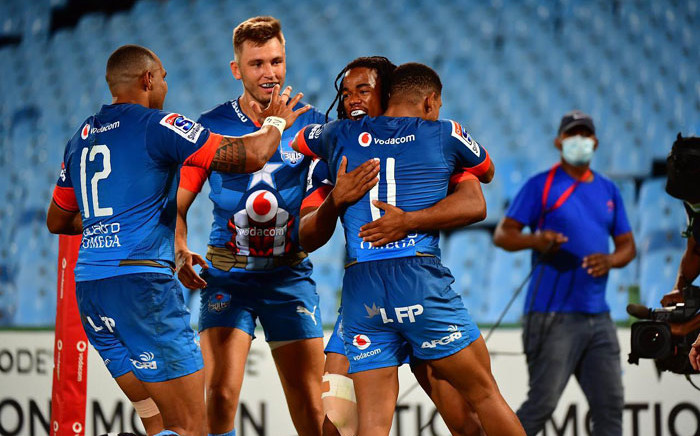 Bulls players celebrate a try during their Super Rugby Unlocked match against the Lions on 7 November 2020. Picture: @BlueBullsRugby/Twitter