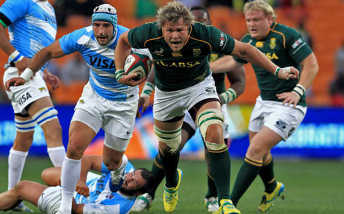 Springbok No 8 Duane Vermeulen is seen on attack against Argentina in their 73-13 victory over the South Americans at the Nelson Mandela Sport and Culture Day at FNB Stadium on Saturday, 17 August 2013. Picture: Sapa
