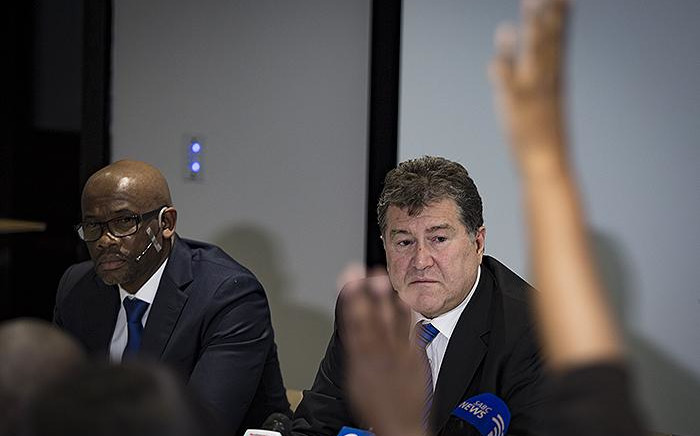 Tiger Brands CEO Lawrence MacDougall  (C) answers questions during a media briefing on the 4 March 2018. Picture: Sethembiso Zulu/EWN