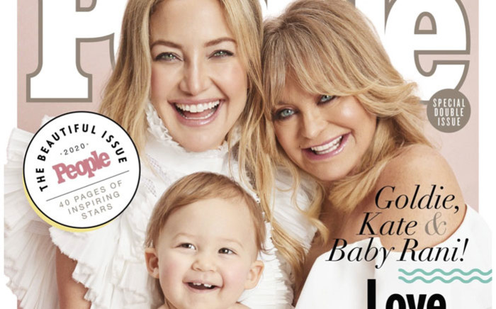 US actress Kate Hudson (left), her mother Goldie Hawn (right) and baby daughter Rani Rose Fujikawa (front) on the cover of 'People' magazine's Beautiful issue. Picture: @people/Twitter