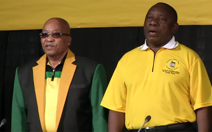 President Jacob Zuma and his deputy Cyril Ramaposa singing the national anthem at the NGC in Midrand. Picture: Kgothatso Mogale/EWN