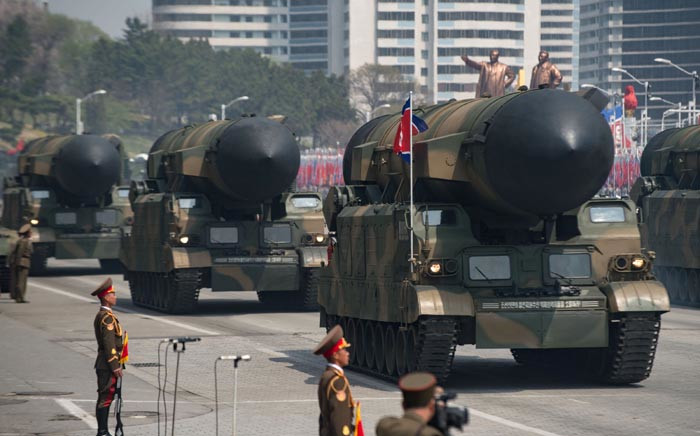 FILE: An unidentified rocket is displayed during a military parade marking the 105th anniversary of the birth of late North Korean leader Kim Il-Sung in Pyongyang on April 15, 2017. Picture: AFP